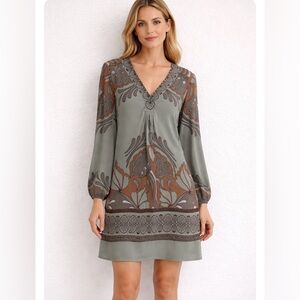Hale Bob Printed Tunic Dress Beaded Neck Boho Long Sleeve Flowy Size M